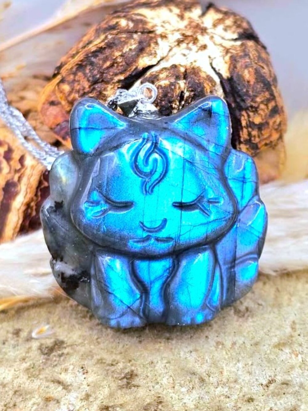 Labradorite Nine‑Tailed Fox Pendant • Sleeping Fox Necklace • Stone Made Kitsune